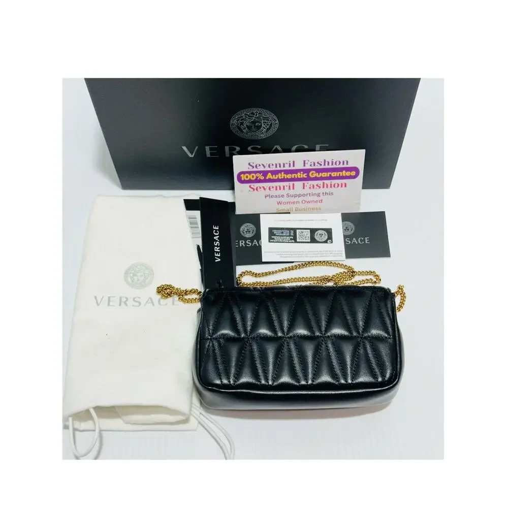 Versace Black Quilted Shoulder Bag with Gold Chain V